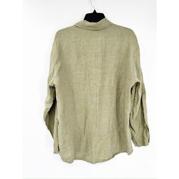 Flax Green 100% Linen Long Sleeve Collared Button Up Shirt Size Small - Picture 2 of 5